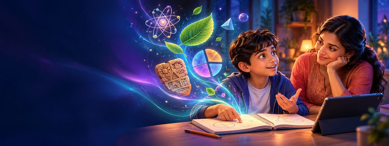 A child explaining a lesson to his mother at a study desk